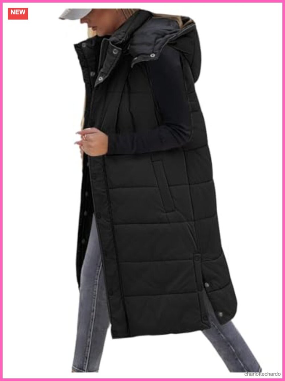 Womens Long Puffer Vest Quilted Button Down Sleeveless Hooded Knee Length